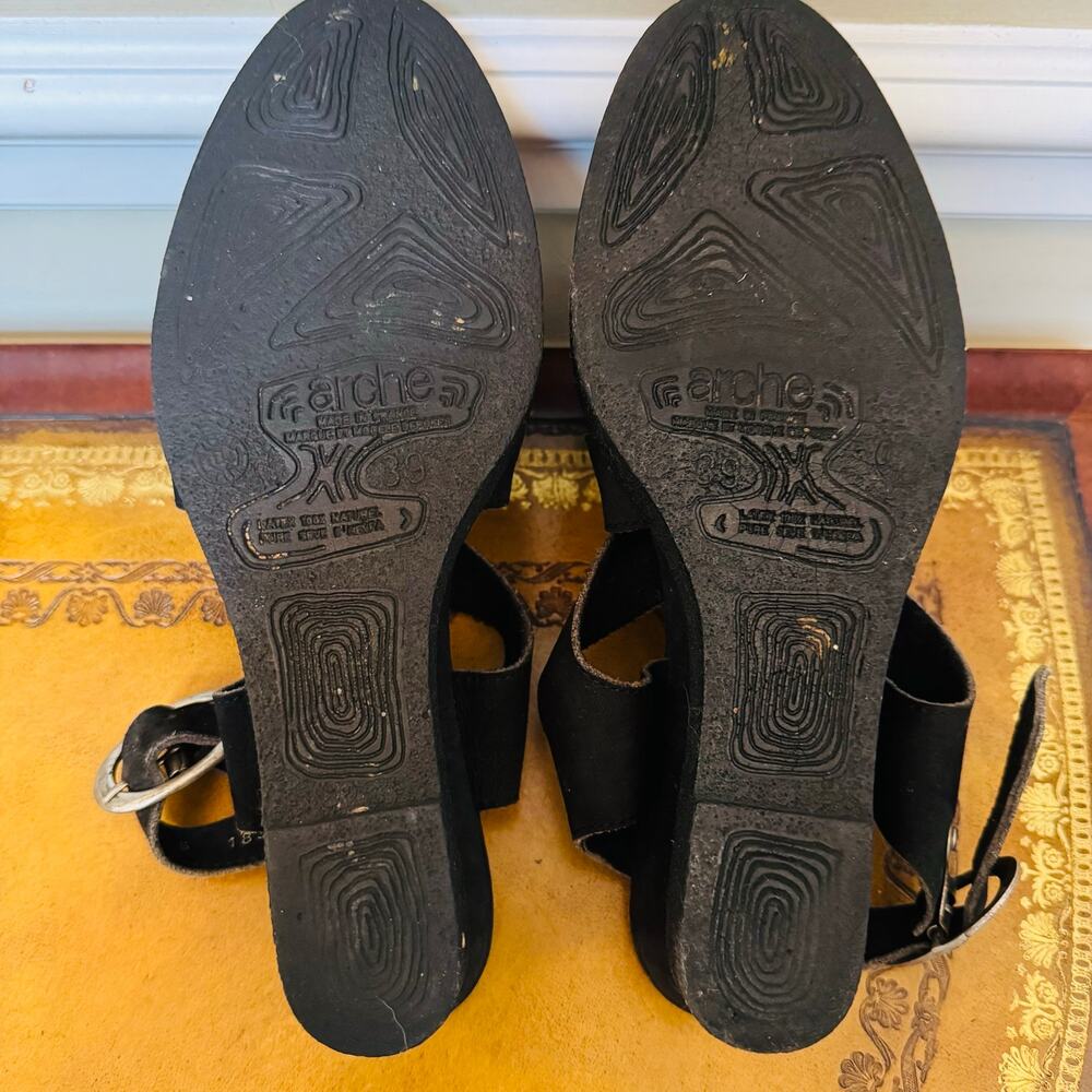 Arche France Womens Nubuck Leather Black Wedge Sandals & Dust Bag Sz 39 US 8 - Picture 7 of 16